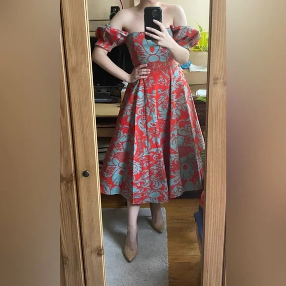 ALICE + OLIVIA FREDIA PUFF SLEEVE MIDI DRESS IN SIZE 2 - Picture 3 of 7